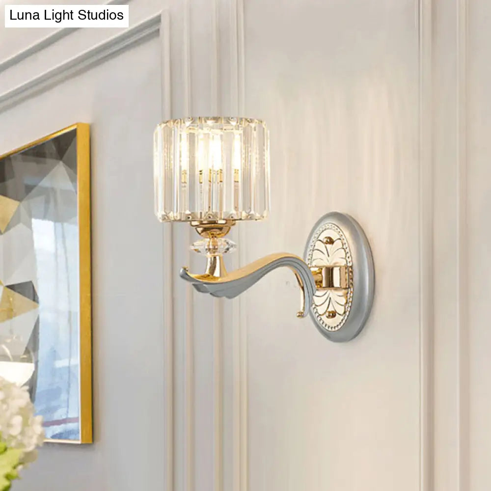 Contemporary Gold Wall Light With Clear Crystal Shade - Modernist 1/2-Head Cylinder Lamp