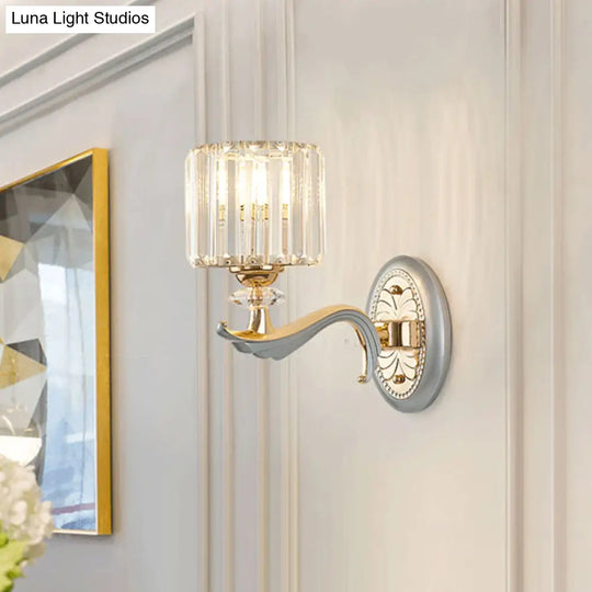 Contemporary Gold Wall Light With Clear Crystal Shade - Modernist 1/2-Head Cylinder Lamp