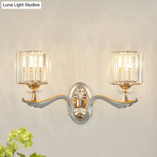 Contemporary Gold Wall Light With Clear Crystal Shade - Modernist 1/2-Head Cylinder Lamp