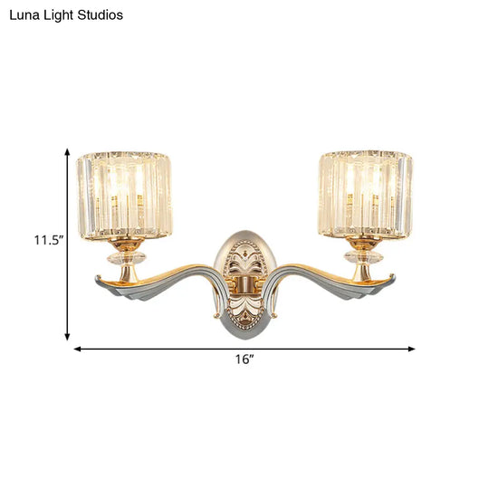 Contemporary Gold Wall Light With Clear Crystal Shade - Modernist 1/2-Head Cylinder Lamp