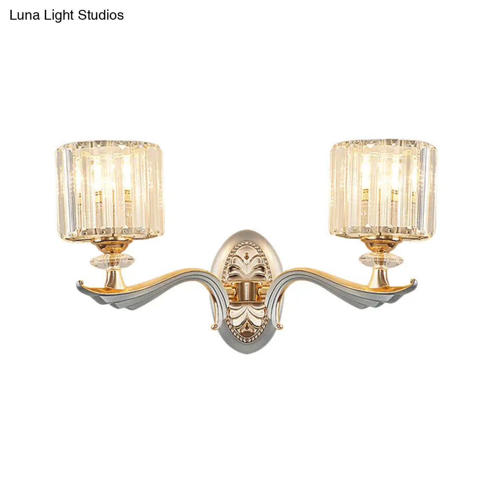 Contemporary Gold Wall Light With Clear Crystal Shade - Modernist 1/2-Head Cylinder Lamp