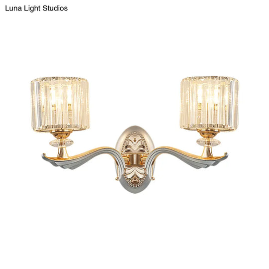 Contemporary Gold Wall Light With Clear Crystal Shade - Modernist 1/2-Head Cylinder Lamp