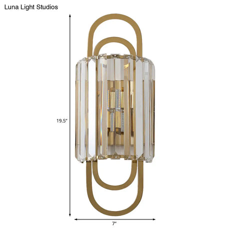 Contemporary Gold Wall Sconce With Tri-Sided Glass Rods - 2 Light Cylinder Fixture For Bedroom