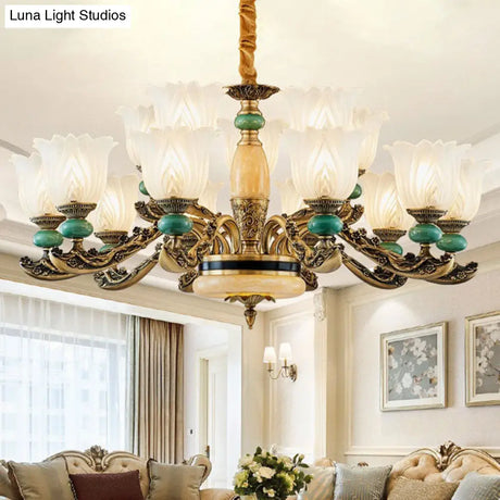Contemporary Green Chandelier With Frosted Glass Floral Drop Lamp