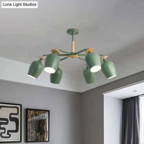 Contemporary Green Tulip Semi Flush Light Fixture With Iron Flushmount & Wood Detail - 6/8 Bulb