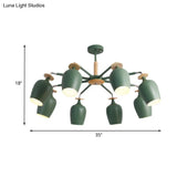 Contemporary Green Tulip Semi Flush Light Fixture With Iron Flushmount & Wood Detail - 6/8 Bulb