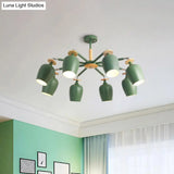 Contemporary Green Tulip Semi Flush Light Fixture With Iron Flushmount & Wood Detail - 6/8 Bulb