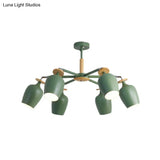 Contemporary Green Tulip Semi Flush Light Fixture With Iron Flushmount & Wood Detail - 6/8 Bulb
