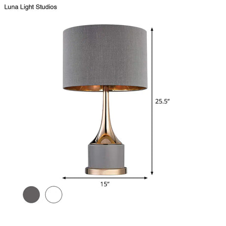 Contemporary Grey/White Cylinder Night Table Light - Fabric Nightstand Lighting For Living Room