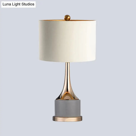 Contemporary Grey/White Cylinder Night Table Light - Fabric Nightstand Lighting For Living Room