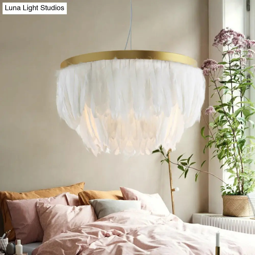 Contemporary Grey/White Suspension Lamp: 2-Tier Hanging Light With Fabric Shade For Living Room