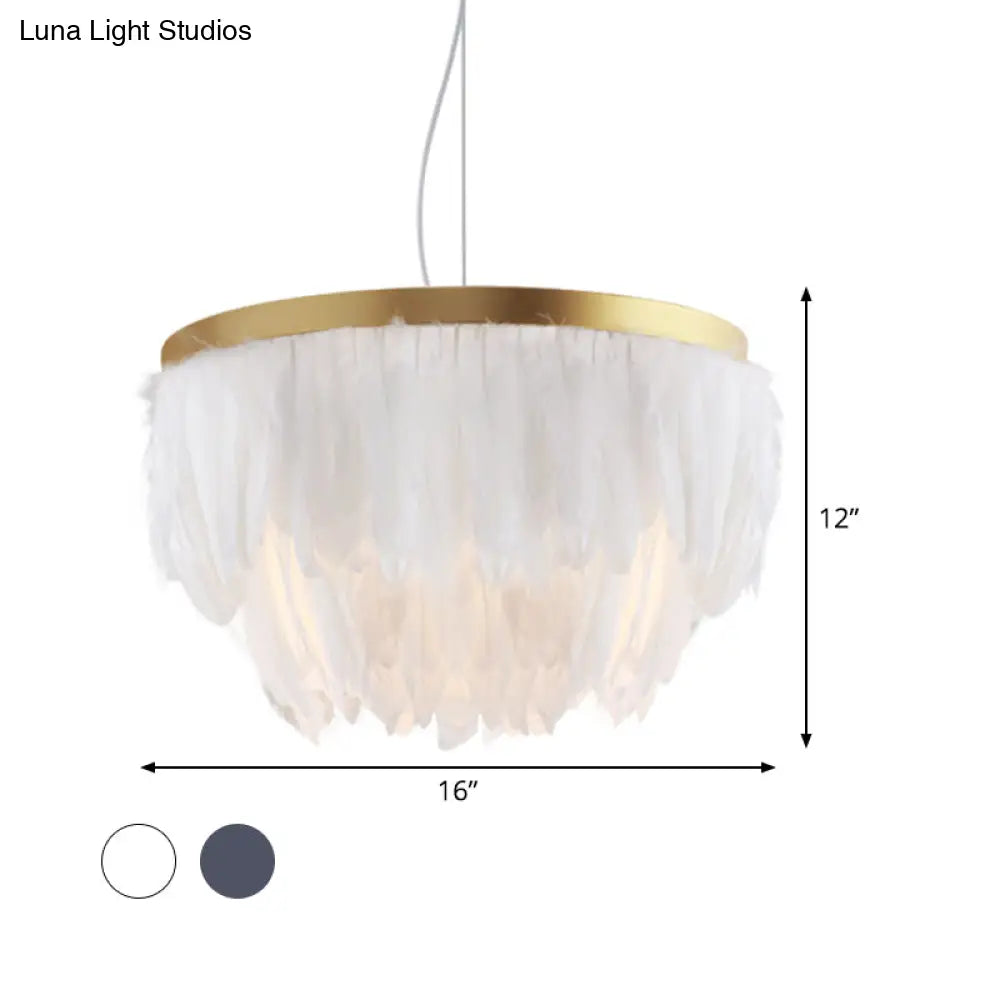 Contemporary Grey/White Suspension Lamp: 2-Tier Hanging Light With Fabric Shade For Living Room