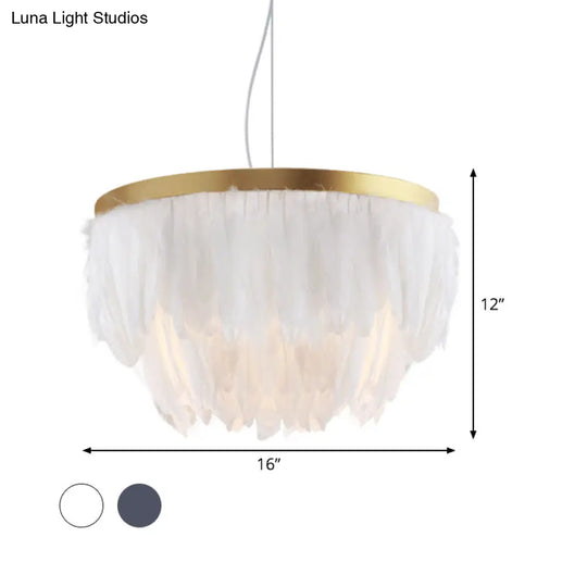 Contemporary Grey/White Suspension Lamp: 2-Tier Hanging Light With Fabric Shade For Living Room