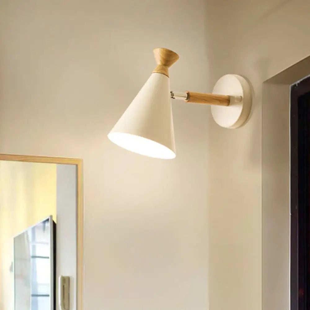 Contemporary Iron Conical Wall Lamp With Wood Top - Stylish Mounted 1-Bulb Lighting Solution White