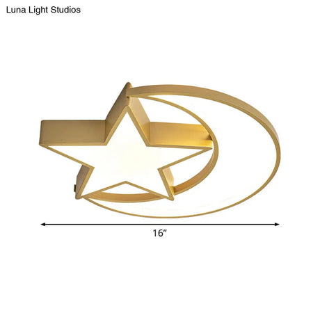 Contemporary Iron Crescent - Star Surface Ceiling Light Led Flush Mount In Gold - 16’/19.5’