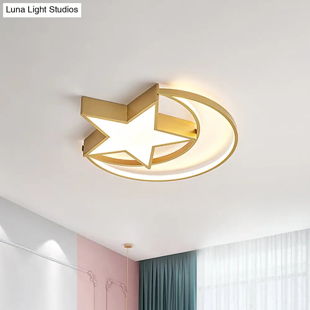 Contemporary Iron Crescent-Star Surface Ceiling Light Led Flush Mount In Gold - 16/19.5 Wide Bedroom
