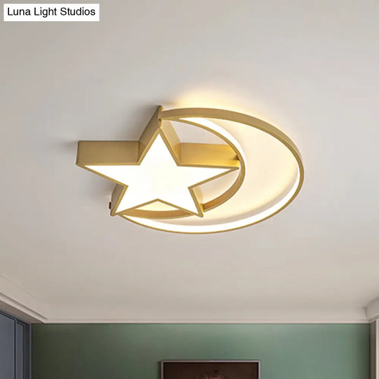 Contemporary Iron Crescent-Star Surface Ceiling Light Led Flush Mount In Gold - 16/19.5 Wide Bedroom