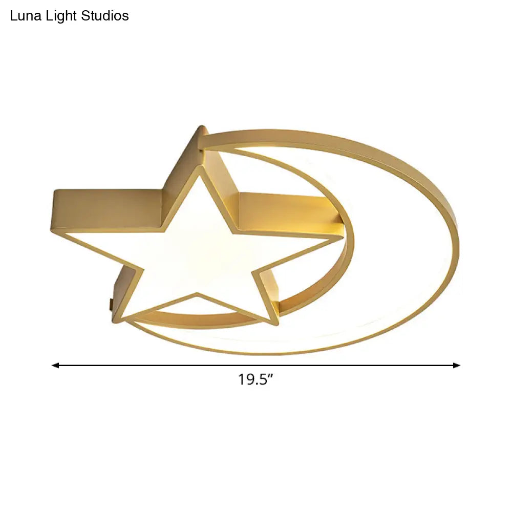 Contemporary Iron Crescent - Star Surface Ceiling Light Led Flush Mount In Gold - 16’/19.5’