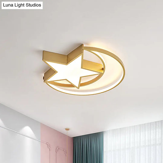 Contemporary Iron Crescent - Star Surface Ceiling Light Led Flush Mount In Gold - 16’/19.5’