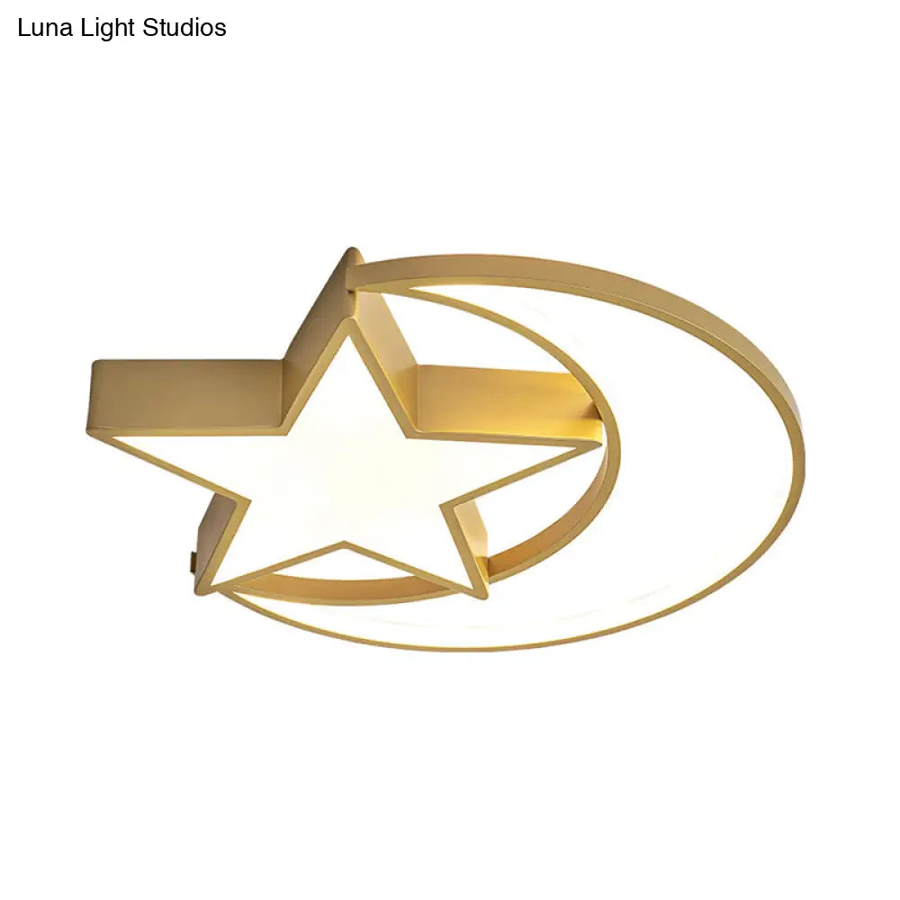 Contemporary Iron Crescent-Star Surface Ceiling Light Led Flush Mount In Gold - 16/19.5 Wide Bedroom