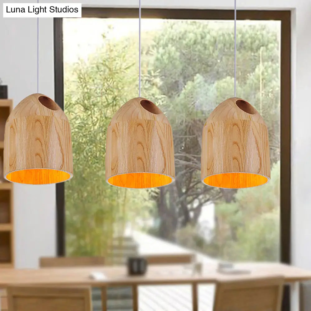 Contemporary Japanese Style Wood Bell Pendant - Beige Ceiling Light With Adjustable Cord- 1-Light