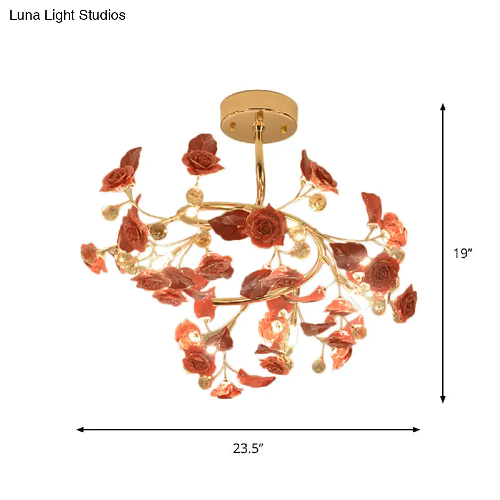 Contemporary K9 Crystal Red Semi Flush Light With Elegant Rose And Leaf Spiral Design 7 Lights