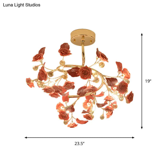 Contemporary K9 Crystal Red Semi Flush Light With Elegant Rose And Leaf Spiral Design 7 Lights