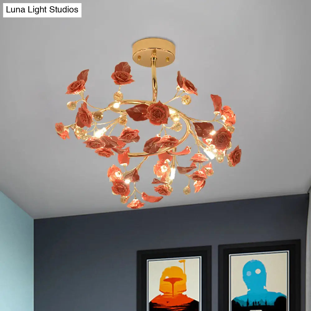Contemporary K9 Crystal Red Semi Flush Light With Elegant Rose And Leaf Spiral Design 7 Lights