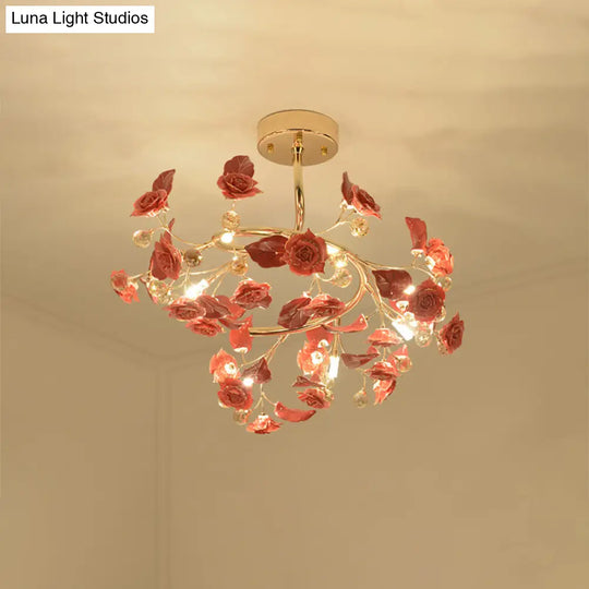 Contemporary K9 Crystal Red Semi Flush Light With Elegant Rose And Leaf Spiral Design 7 Lights