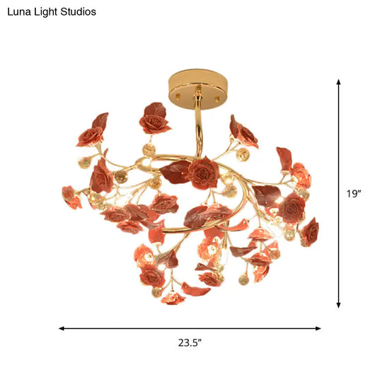 Contemporary K9 Crystal Red Semi Flush Light With Elegant Rose And Leaf Spiral Design 7 Lights