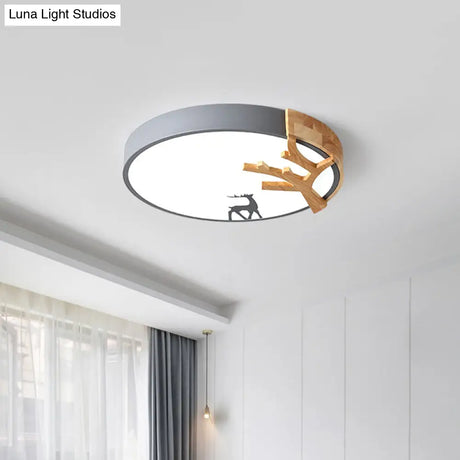 Contemporary Led Acrylic Drum Flush Mount Lighting - Green/White/Gray Ceiling Light With Deer