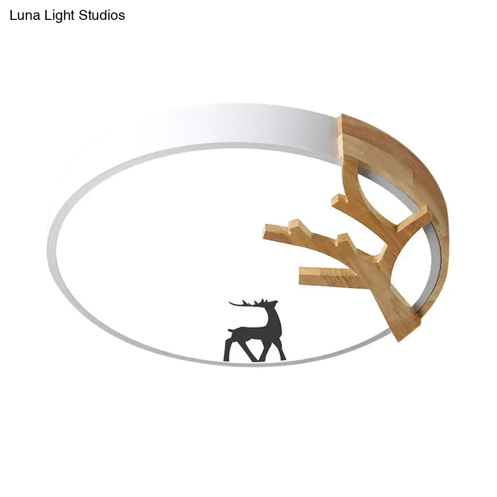 Contemporary Led Acrylic Drum Flush Mount Lighting - Green/White/Gray Ceiling Light With Deer