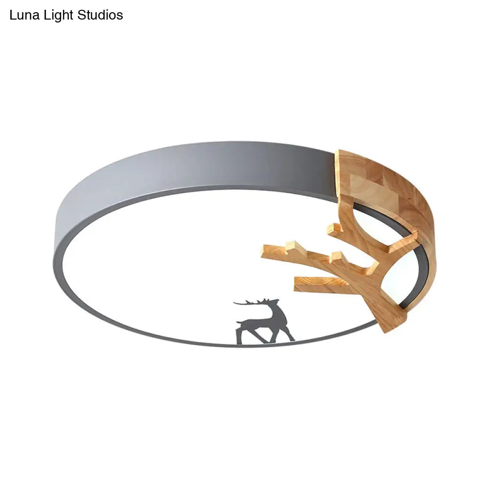 Contemporary Led Acrylic Drum Flush Mount Lighting - Green/White/Gray Ceiling Light With Deer