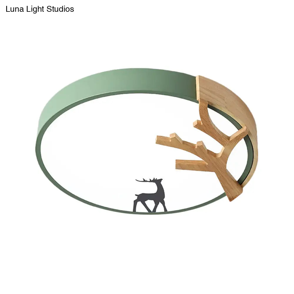 Contemporary Led Acrylic Drum Flush Mount Lighting - Green/White/Gray Ceiling Light With Deer