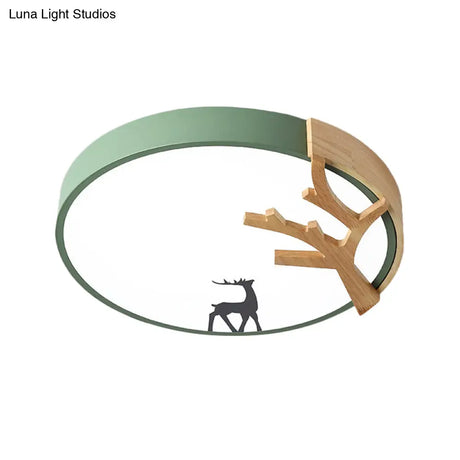 Contemporary Led Acrylic Drum Flush Mount Lighting - Green/White/Gray Ceiling Light With Deer