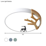 Contemporary Led Acrylic Drum Flush Mount Lighting - Green/White/Gray Ceiling Light With Deer