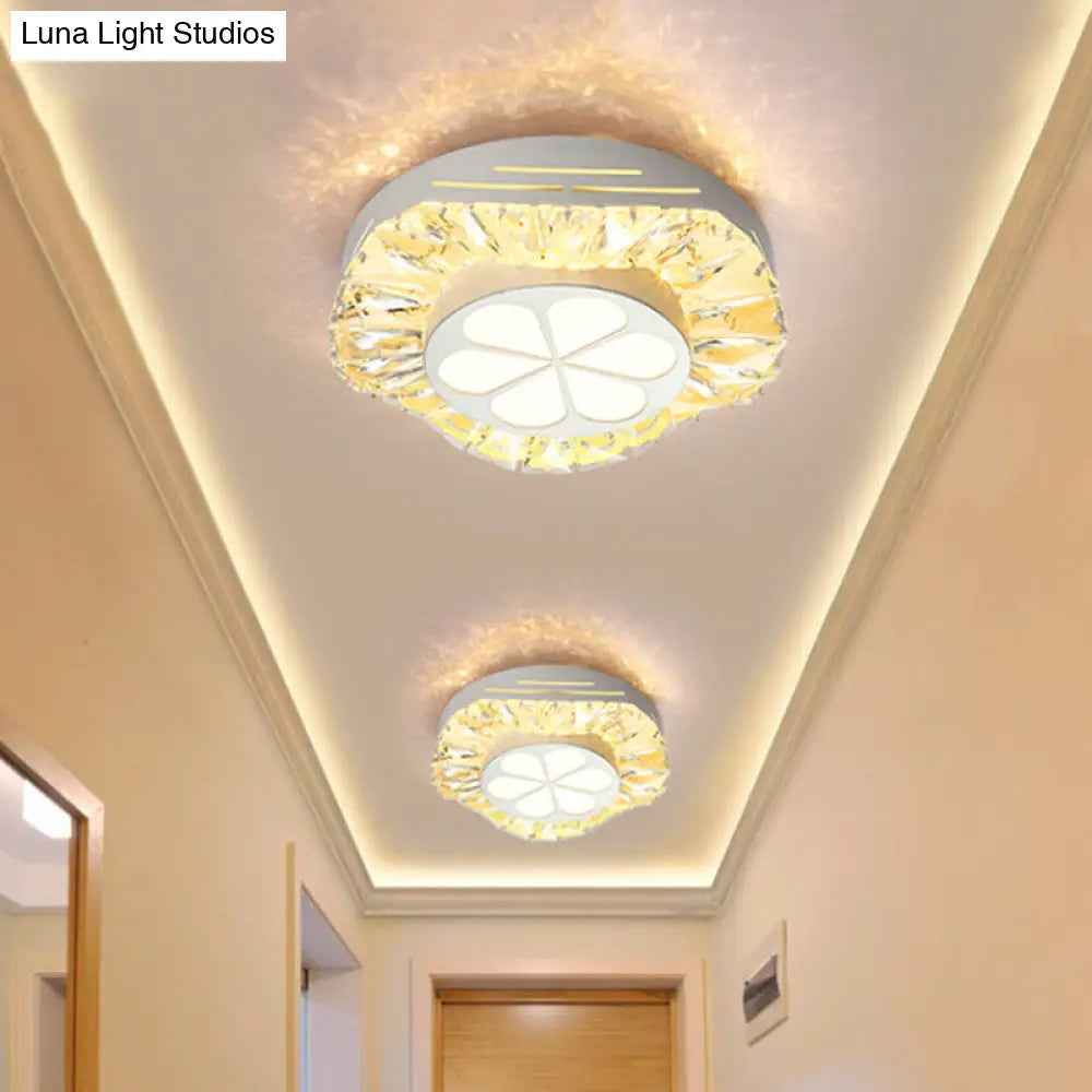 Contemporary Led Acrylic Flush Mount Ceiling Light - White Finish With Clear Crystal Flushmount