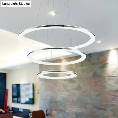 Contemporary Led Acrylic Round Ceiling Pendant Chandelier - 1/2/3-Head Silver Warm/White Light