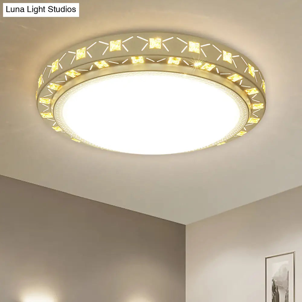 Contemporary Led Ceiling Flush Mount In White With Beveled Crystal Deco