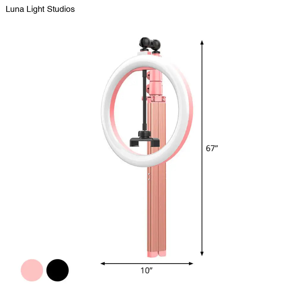 Contemporary Led Fill Light - Metallic Circular Mirror Lamp In Black/Pink With Tripod Design