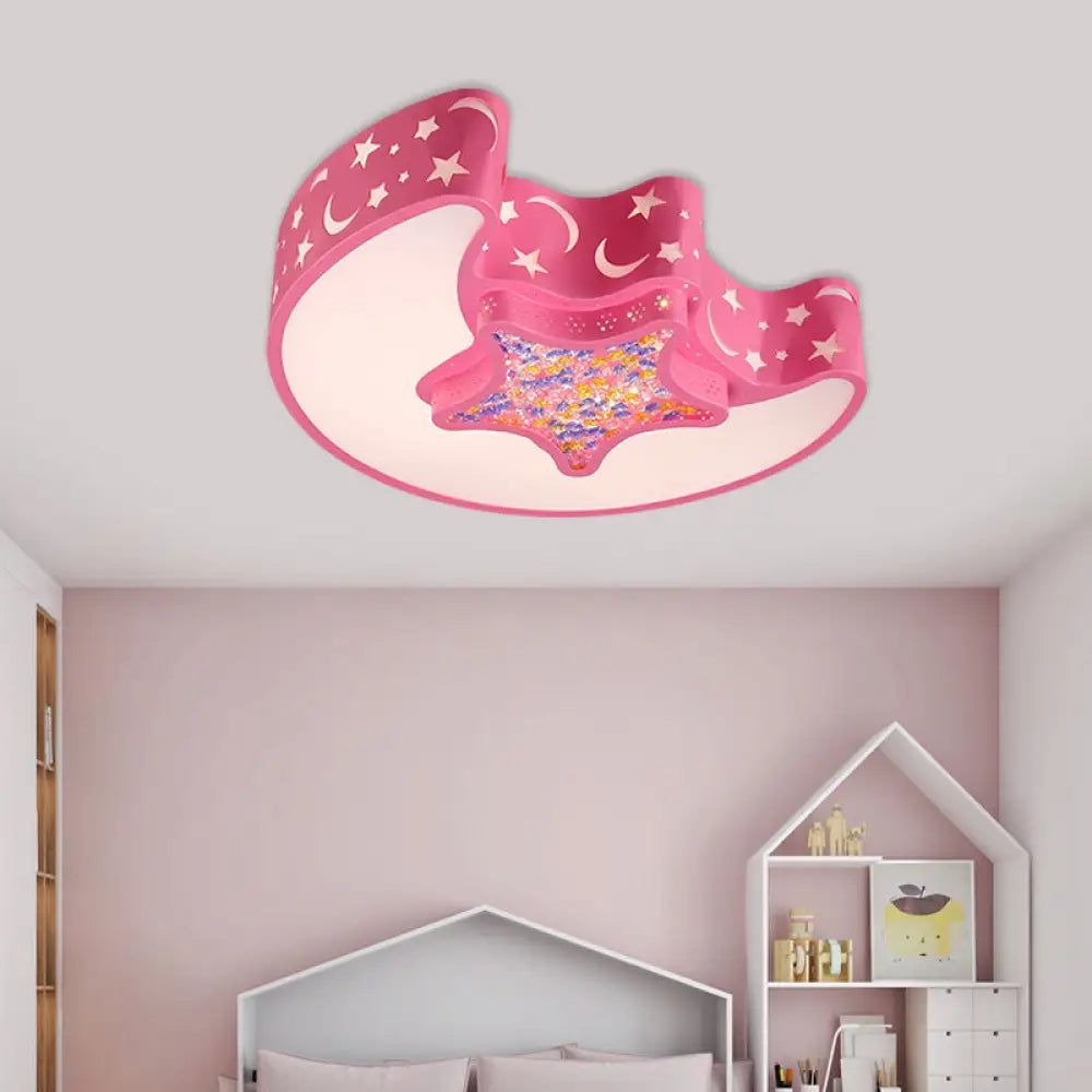 Contemporary Led Flush Pendant Light For Bedroom - Ceiling Mounted Fixture With Moon And Star