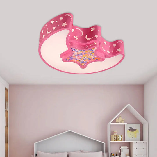 Contemporary Led Flush Pendant Light For Bedroom - Ceiling Mounted Fixture With Moon And Star