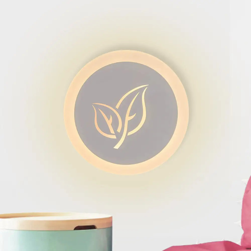 Contemporary Led Flush Wall Sconce In White With Leaf Pattern - Modern Circle Design