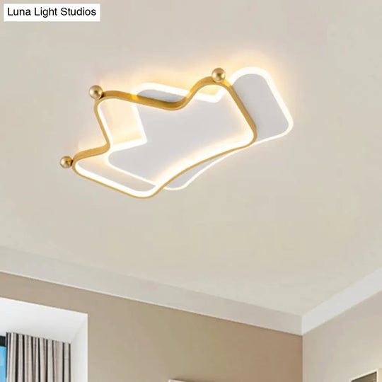 Contemporary Led Gold Flush Mount Ceiling Light With Overlapped Crown And Metallic Finish