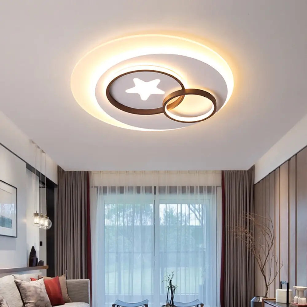 Contemporary Led Indoor Flush Lamp - White Circles Mount Lighting With Star Design Warm/White