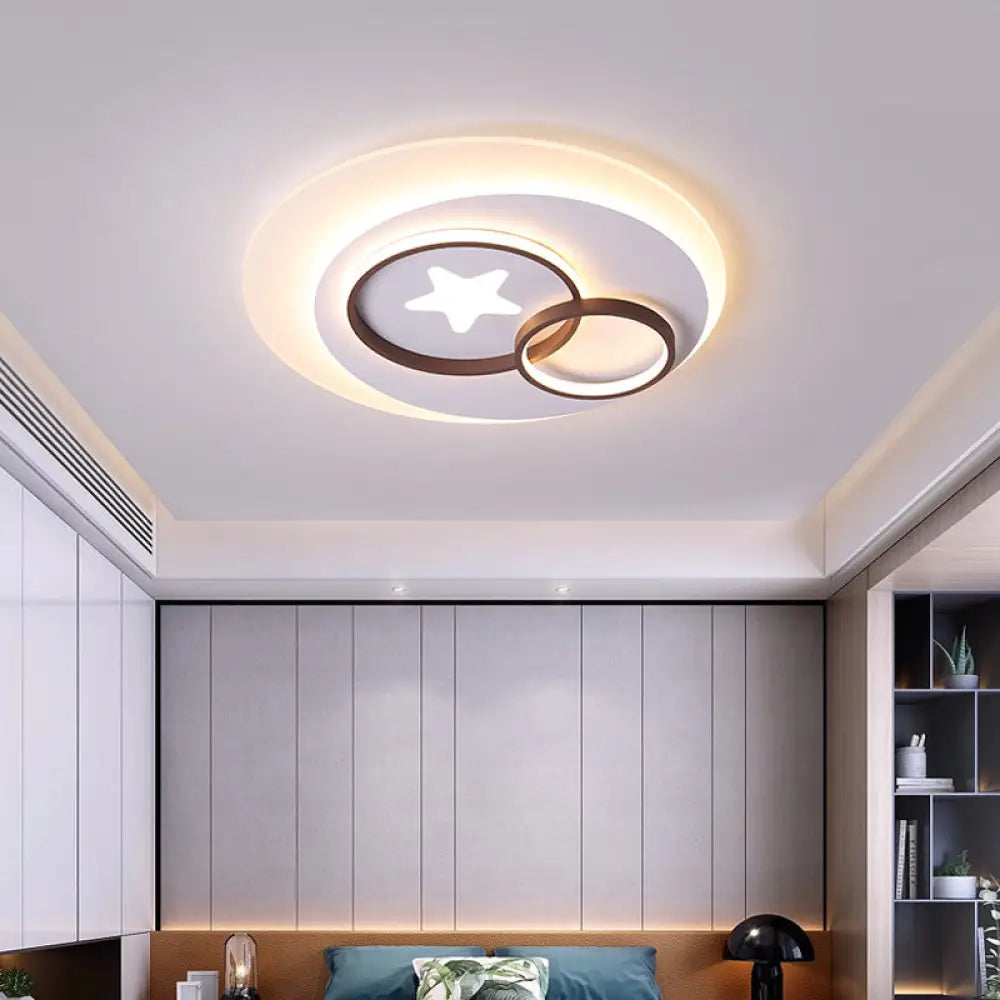 Contemporary Led Indoor Flush Lamp - White Circles Mount Lighting With Star Design Warm/White