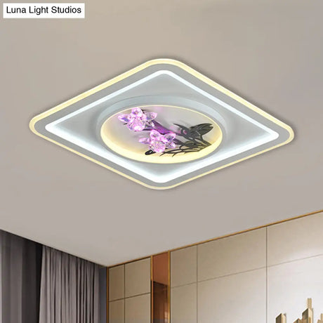 Contemporary Led Metal Ceiling Fixture: White Round/Square Flush Mount Lamp With Crystal Flower Deco