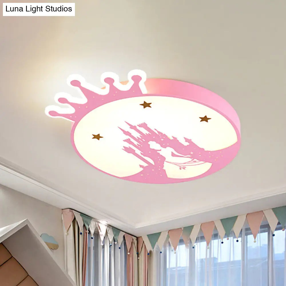 Contemporary Led Pink Acrylic Round Ceiling Light With Princess Pattern