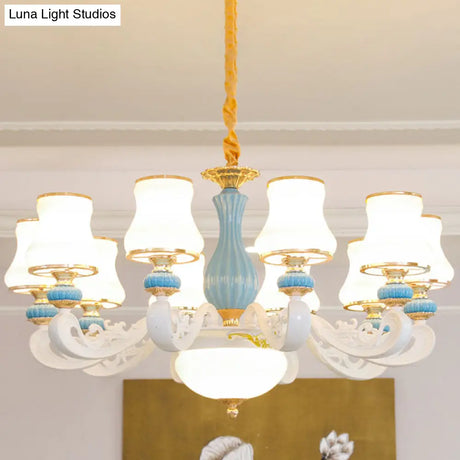 Contemporary Light Blue Pendant Chandelier For Living Room With White Glass Tapered Design
