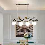 Contemporary Linear/Branch Dining Room Island Lamp - Cream Glass Ball 4 Heads Hanging Pendant With